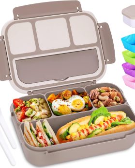 Bento Box Adult Lunch Box, Containers for Adults Men Women with 4 Compartments, Lunchable Food Container with Utensils, Sauce Jar, Muffin Liners, 40 Oz/5 Cup, Microwave & Dishwasher Safe, Brown