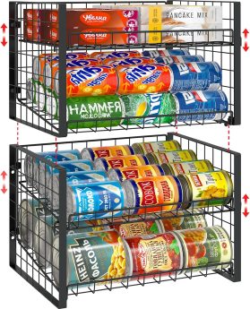 JKsmart 2-Tier Stackable Can Rack Organizer for Pantry, Adjustable Can Dispenser Holds Up to 62 Cans, Can Storage Holder for Various Ounces of Canned Food Soda Drinks, Black, 2 Pack (Petent Pending)