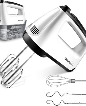 SHARDOR Hand Mixer Electric, 6 Speed & Turbo Mixer Electric Handheld, Snap-On Storage Case,5 Stainless Steel Accessories for Whipping, Mixing Cookies, Brownie, Cakes, Dough Batters, White